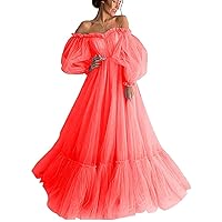 Women's A Line Off Shoulder Quinceanera Dress Long Puffy Sleeve Appliques Tulle Ball Gowns Coral