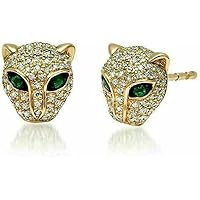 14K Yellow Gold Finish 925 Sterling Silver Round Green Emerald & CZ Diamond Panther Stud Earrings For Women