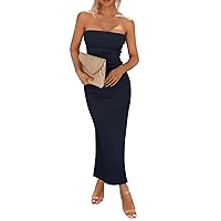 Women's Prom Dresses 2024 Bodycon Maxi Tube Dress Ribbed Strapless Side Slit Long Going Out Casual Dresses, S-2XL