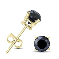 Round Black Diamond Solitaire Stud Earrings in 10K Yellow Gold