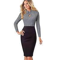 Stand Collar Wear to Work Patchwork Long Sleeve Business Party Women Office Dress