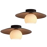Close to Ceiling Light Fixtures Set of 2, 13.7 inch Minimalist Wood Grain Iron Ceiling Lamp with Glass Shade, Modern E26 Flush Mount Ceiling Light Fixture for Bedroom, Entryway, Corridor