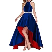 Women's Halter Beaded High Low Prom Dress With Pockets 12 Beaded & Royal Blue & Red