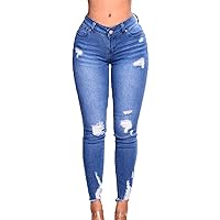 Women's Washed Slim Fit Sexy Jeans Distressed Hold Denim with Hole Frayed Raw Hem Ripped Stretch Denim Pants
