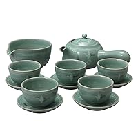 Korean Style Celadon Porcelain Crane Bird Cloud Design Tea Ceremony Complete Service Gift Set Ceramic Pottery 11.8 oz (350ml) Side Handle Tea Pot Cups Saucers Teapot Pitcher Bowl for Cooling Hot Water