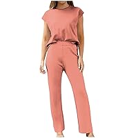 Women's 2 Piece Outfits Summer Solid Sets Crew Neck Cap Sleeve Top Elastic Waist SweatPants Casual Matching Tracksuits Set