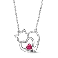 0.20 CT Created Heart Ruby Personalise Engrave Cat Pendant Necklace 14k White Gold Finish