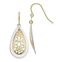 14k Two Tone Open back Shepherd hook Gold Sparkle Cut Polished Fancy Long Drop Dangle Earrings Measures 38x15mm Wide Jewelry for Women