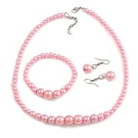 Avalaya Pastel Pink Faux Pearl Bead Necklace/Stretch Bracelet/Drop Earrings Set - 44cm L/ 4cm Ext
