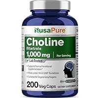 NusaPure Choline Bitartrate 1000 mg 200 Veggie Capsules (Vegetarian, Non-GMO)