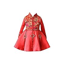 Girls' Flower Embroidered Cheongsam Dresses,Winter red Chinese Style New Year Clothing.