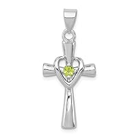 925 Sterling Silver Solid Polished Open back Peridot Love Heart Religious Faith Cross Pendant Necklace Measures 33x15mm Wide Jewelry for Women
