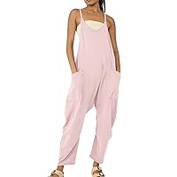 SNKSDGM Womens Low Cut Sleeveless Jumpsuits 2024 Clothes Linen Spaghetti Strap Cargo Pant Jumpers Romper with Pockets