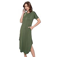 Women's Rayon Stretch Short Sleeve T-Shirt Long Crew Neck with Side Pockets for Summer/Casual Dresses