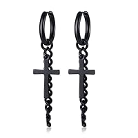 Pair of Punk Curb Chain Tassel Drop Dangle Earrings for Men Woman Stainless Steel Cross Earring Unisex Ear Clip Set 2pcs
