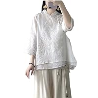 Chinese Style Retro Casual Top Spring and Summer Loose Cotton and Linen Hanfu Zen Tea Dress Women's Blouse