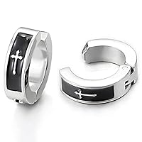 Pair Silver Black Huggie Hinged Hoop Earrings with Cross Non-Piercing Clip On Earrings Mens Womens