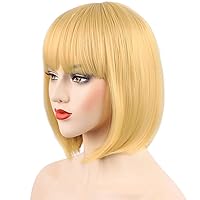 Blonde Wig with Bangs - 12 Inch Bob Wigs for Women, Natural Look Short Wigs with Bangs, Super Soft and Easy to Wear Straight Bob Wig, Colorful Synthetic Wig for Daily Life, Parties(Honey Blonde)