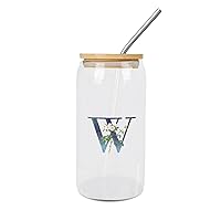 Glasses with Bamboo Lids And Straw Monogram Letter W Glass Cup Dark Green Letter Lily Flower Cup Name Initial Cups Great For for Tea Whiskey Water 16 OZ
