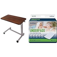 Vaunn Adjustable Overbed Bedside Table with Wheels (Hospital and Home Use), Walnut Brown & Unifree Disposable Underpads, Bed Pads, Incontinence Pad, Super Absorbent, 50 Count, Blue (XL 30x36 Inch)