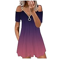 Women's Casual Loose-Fitting Summer Print V-Neck Trendy Glamorous Dress Swing Short Sleeve Knee Length Flowy Beach
