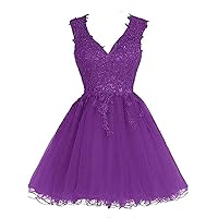Women's Lace Homecoming Dress Short Appliques Cocktail V Neck Prom Dress Tulle