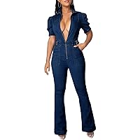 BestGirl Jean Jumpsuits for Women Casual One Piece Zip Up Short Sleeve Jeans Playsuit Overalls