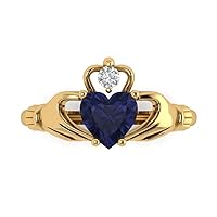 Clara Pucci 1.65 ct Heart Cut Irish Celtic Claddagh Solitaire Simulated Blue Sapphire Anniversary Promise Bridal ring 18K Yellow Gold