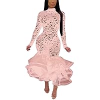 Women's Sexy Long Sleeve Lace See Through Nightclub Dress Pleated Ruffle Mesh Tutu Hem Bodycon Party Club Dresses