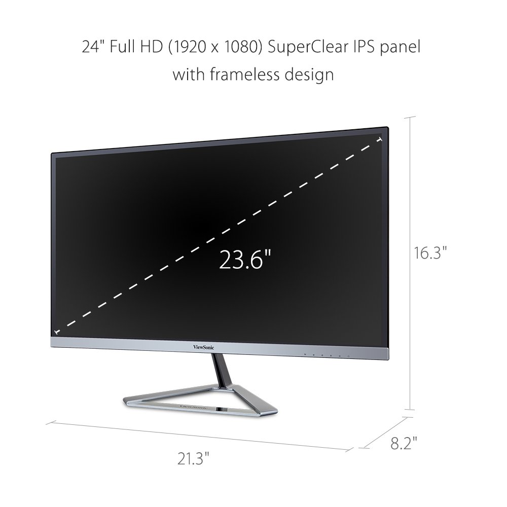 ViewSonic VX2476-SMHD 24 Inch 1080p Widescreen IPS Monitor with Ultra-Thin Bezels, HDMI and DisplayPort, Black/Silver