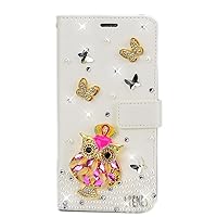Crystal Wallet Phone Case Compatible with Samsung Galaxy Note 10 Ultra 5G - Night Owl - White - 3D Handmade Sparkly Glitter Bling Leather Cover with Screen Protector & Beaded Phone Lanyard