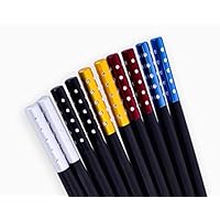 Reusable Non-slip Chinese Chopsticks By Chinese Emporium. Luxury Black Chopstick Set with 5 Colored Sparkling Metal Bands. Great Chopsticks For Beginners. Made from Non-toxic Alloy Melamine