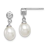 925 Sterling Silver Polished 7 8mm White Freshwater Cultured Pearl CZ Cubic Zirconia Simulated Diamond Post Long Drop Dangle Earrings Measures Jewelry Gifts for Women