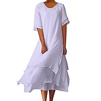 Women's Summer Maxi Dress 2024 Vacation Maxi Dress Plus Size Summer Dresses Crewneck Multi Layer Swing Linen Long Maxi Dress