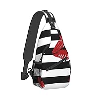 Red Mouth Printed In Black And White Stripes Print Trendy Casual Daypack Versatile Crossbody Backpack Shoulder Bag Fashionable Chest Bag