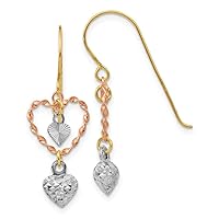 14k Tri-color Gold Diamond Cut Heart Dangle Earrings