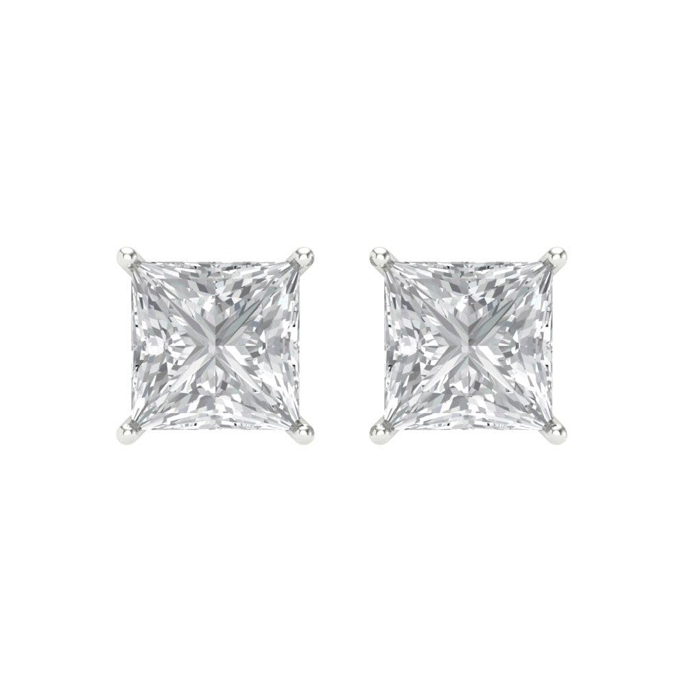 4 ct Brilliant Princess Cut Solitaire Studs Clear Simulated Diamond 14k White Solid Gold Earrings Screw back