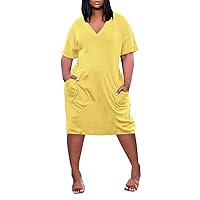 2024 Summer Plus Size Dresses for Women V Neck Short Sleeve Knee Pocket Gradient Print Casual Loose Dress