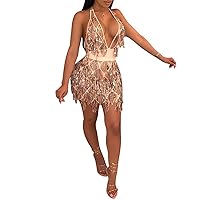 Women's Sexy See-Through Deep V Neck Sequin Beaded Halter Bodycon Mini Nightclub Party Dress