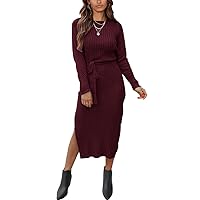 PRETTYGARDEN Women's Long Sleeve Crewneck Two Side Slit Tie Waist Slim Fit Sweater Dress Ribbed Knit Bodycon Midi Dress