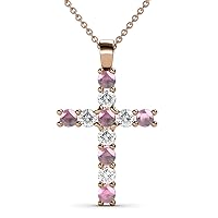 Pink Tourmaline & Natural Diamond (SI2-I1,G-H) Cross Pendant 0.66 ctw 14K Gold. Included 16 Inches 14K Gold Chain.