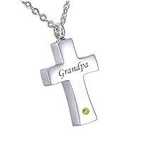 misyou Customized Stainless Steel Memorial August Birthstone Pendant Cremation Cross Pendant Keepsake Necklace （Grandpa）