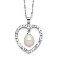 925 Sterling Silver Rhodium Plated 8 8.5mm Fwc Pearl and CZ Cubic Zirconia Simulated Diamond Love Heart Necklace 17 Inch Jewelry for Women