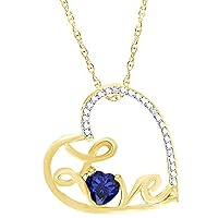 Created Heart Cut Blue Sapphire Gemstone 925 Sterling Silver 14K Gold Over Valentine's Special 'Love' Tilted Heart Pendant Necklace for Women's & Girl's