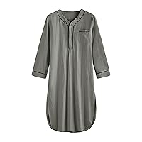 Men's Cotton Nightshirt V Neck Long Sleeve Button Down Nightgown Summer Mid-Length Henley Sleepwear Sleepshirt