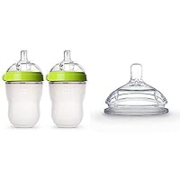 Comotomo Baby Bottle, Green, 8 Ounce, 2 Count and Silicone Replacement Nipple, Clear, 6 Months, 2 Packs