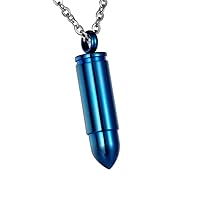 Mens Womens Stainless Steel Blue Bullet Pendant Necklace Pill Box Memorial Holder, 22 inches Chain