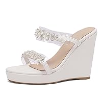 Pearl Wedge Heels for Women Clear Chunky Heel Sandals Two Strap Round Toe Sandals US3-13.5