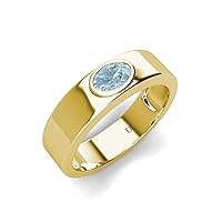Oval Shape (6x4 mm) Aquamarine 3/8 ctw Solitaire Unisex Wedding Ring 14K Yellow Gold-9.0
