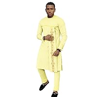 Bazin Riche African Traditional Clothing Set for Men Dashiki Print Long Coats and Ankara Pants 2 Piece Outfits